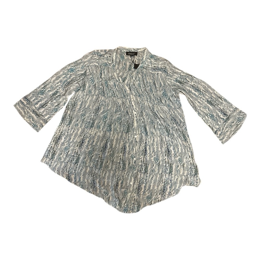 Tolani Turquoise and White Silk Button Down Blouse 3/4 Sleeve Size Small NWT